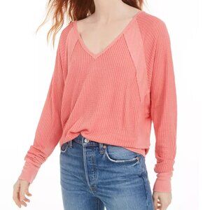 We The Free Coral Santa Clara Oversized V-Neck Thermal Top, Size XS